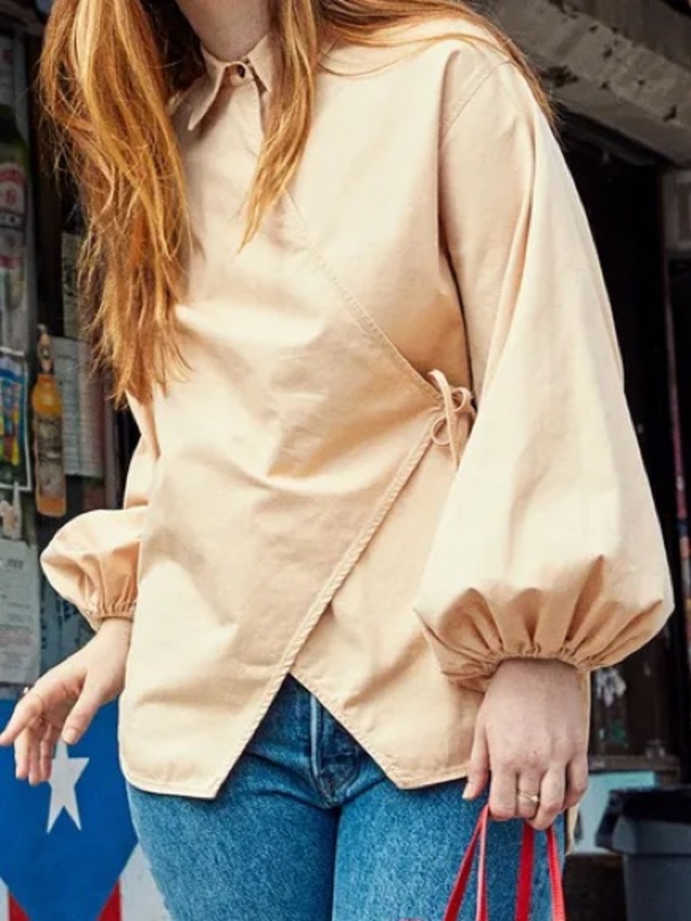 Ganni Women's Wrap-Style Balloon Sleeve Top in Beige